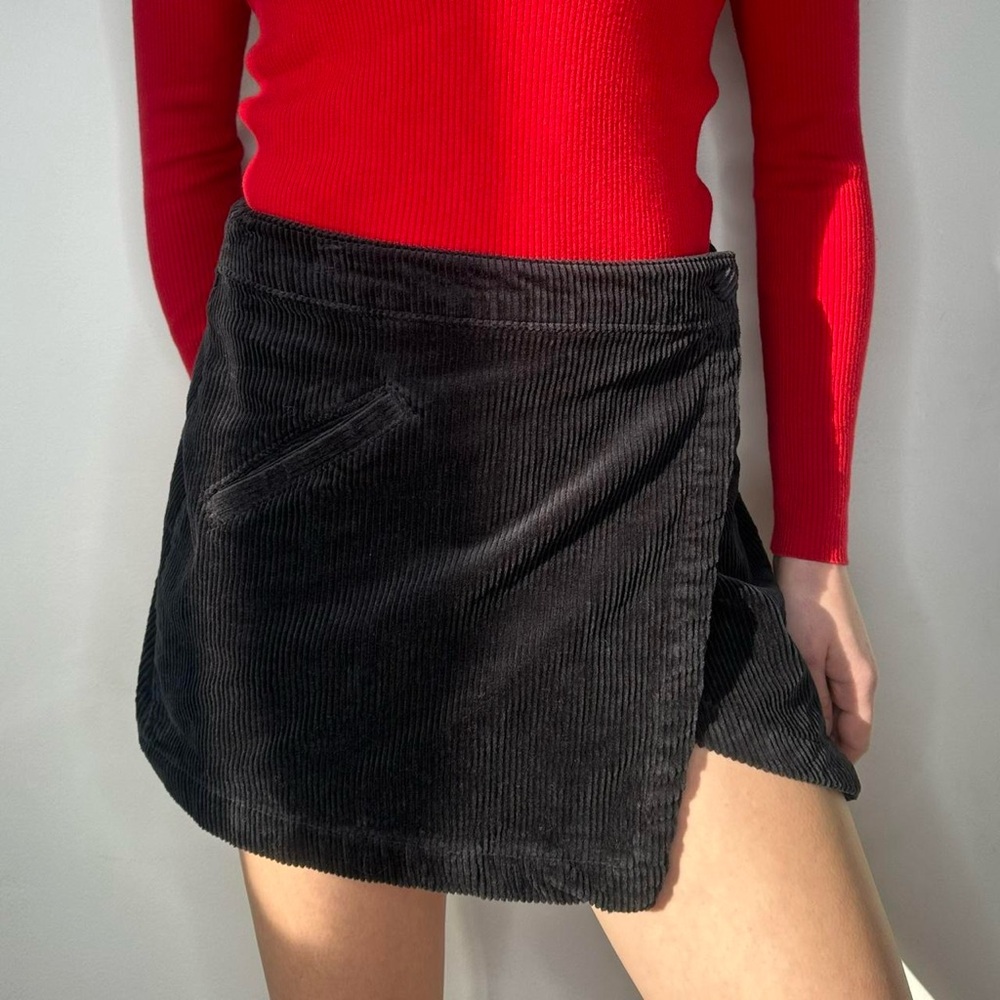Black Corduroy Wrap Mini Skirt